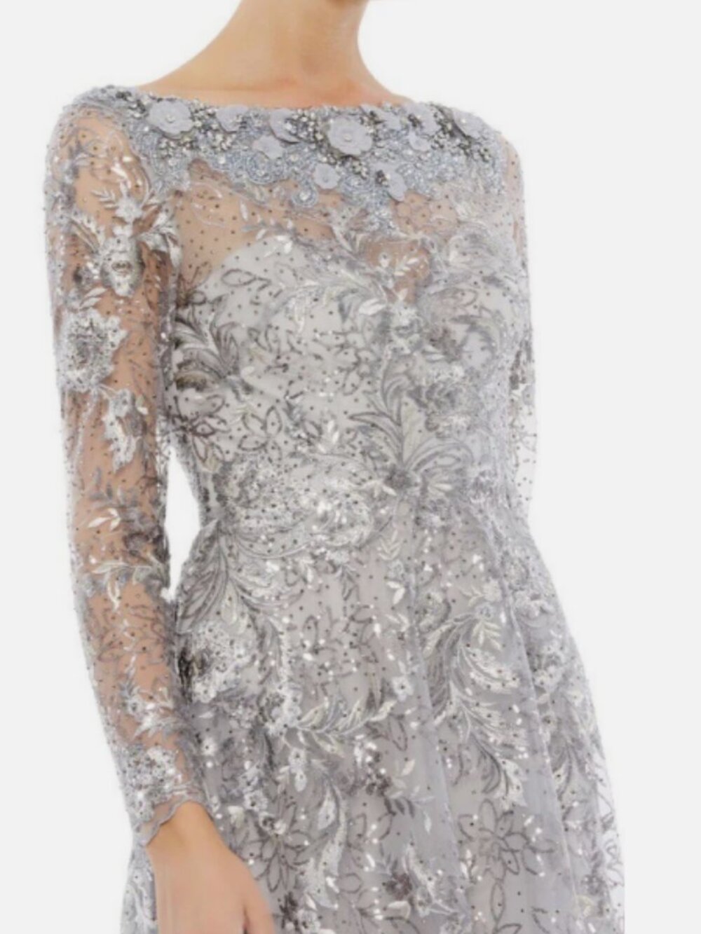 Mac Duggal (272) FLORAL EMBROIDERED ILLUSIN LNG SLEEVE GOWN Sterling Size 4